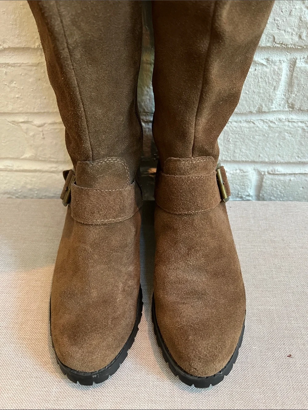SOLE SOCIETY Brown Suede Over the Knee Lug Sole Low Heel Boots Buckles Size 6